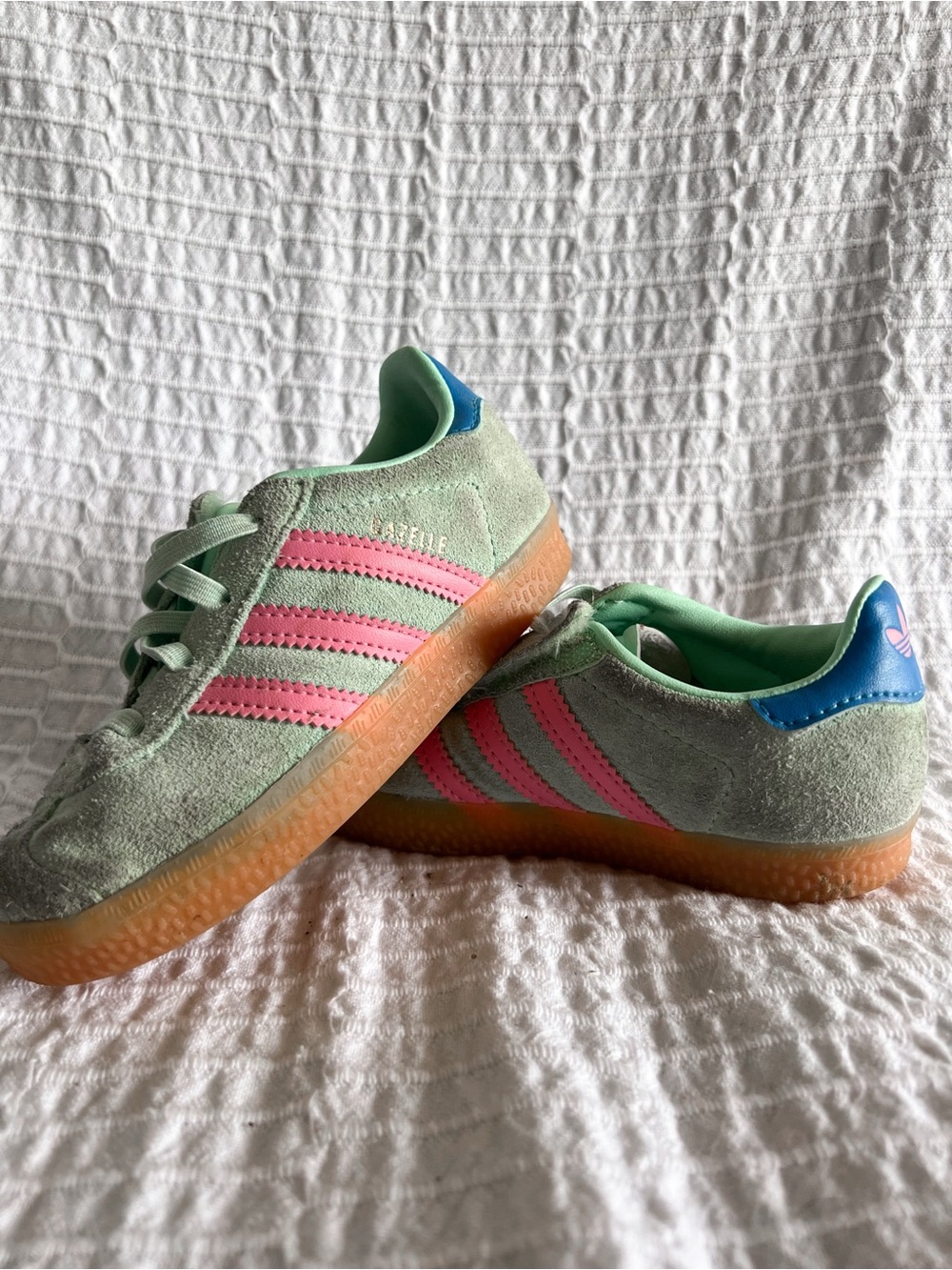 adidas Kids Mint Green Suede Sneakers with Pink Stripes and Gum Sole